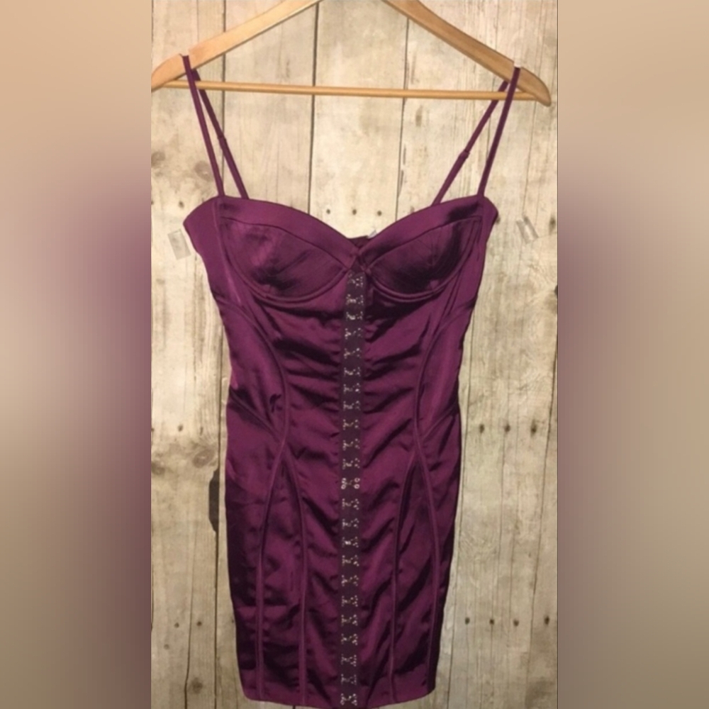 NWOT Oh Polly Hook/Eye Sleek Burgundy Bodycon Corset Satin Mini Dress US Size 4 - Picture 2 of 9